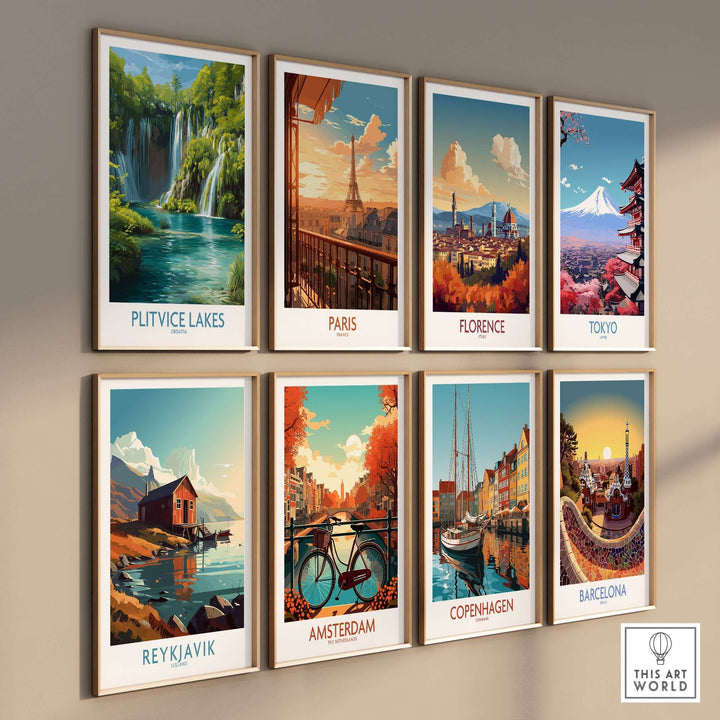 Gallery wall of travel posters featuring Plitvice Lakes, Paris, Florence, Tokyo, Reykjavik, Amsterdam, Copenhagen, and Barcelona.