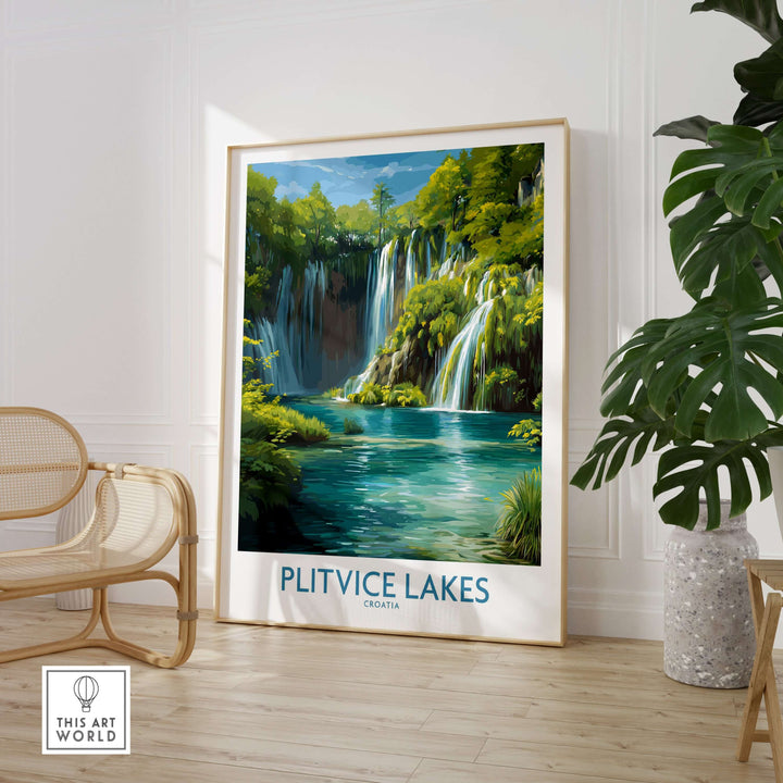 Plitvice Lakes waterfall poster in a stylish room, capturing Croatia's vibrant blue lake and scenic nature.