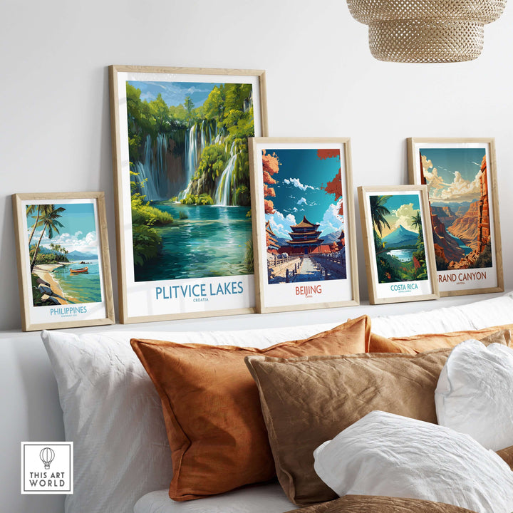 Framed Plitvice Lakes waterfall poster among travel prints, showcasing stunning landscapes and vibrant colors.
