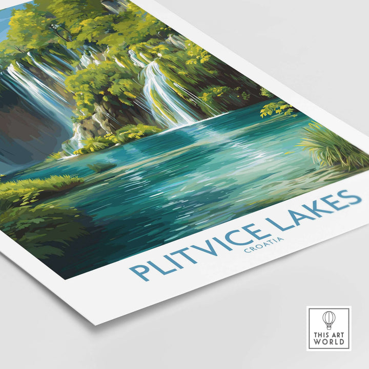 Plitvice Lakes Waterfall poster showcasing turquoise waters and lush greenery; perfect for nature and travel decor.