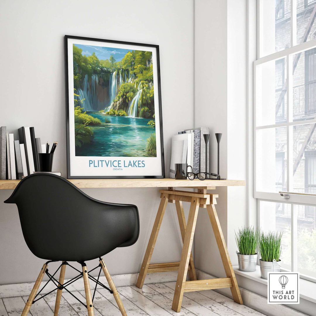 Plitvice Lakes waterfall poster in a modern workspace, showcasing vibrant blue lake wall decor.
