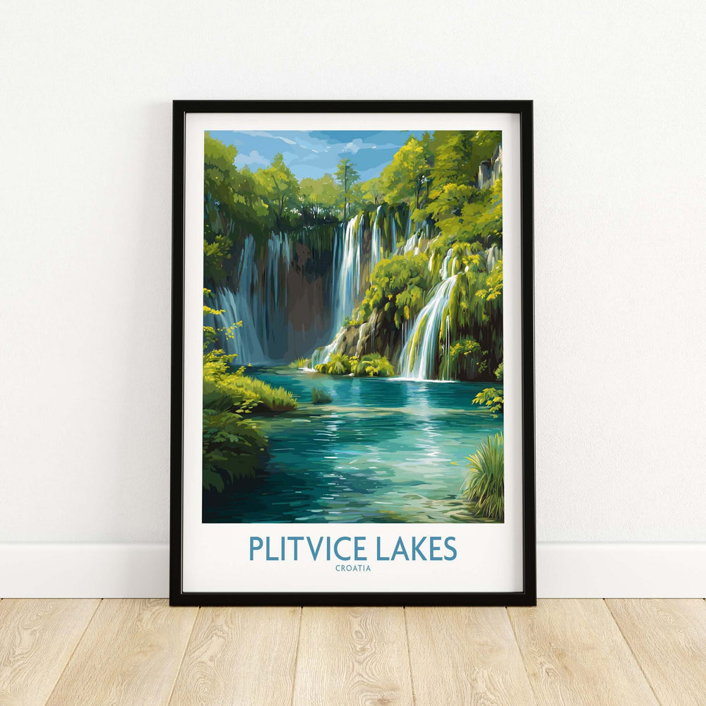 Plitvice Lakes waterfall poster showcasing vibrant blue lake and cascading falls, ideal for travel and nature decor.