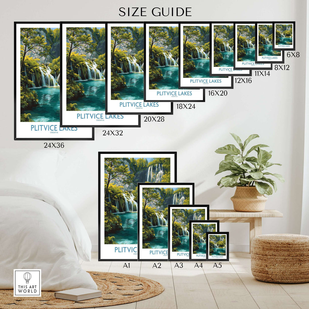 Size guide for Plitvice Lakes waterfall poster prints in various dimensions for home decor.