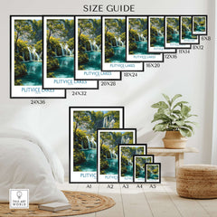 Plitvice Lakes Waterfall Poster, Croatia Landscape Print, National Park Wall Art size guide displayed in a stylish interior.