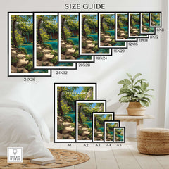 Croatia Waterfall Poster, Plitvice Lakes Wall Decor, Nature Landscape Print size guide with various frame options.