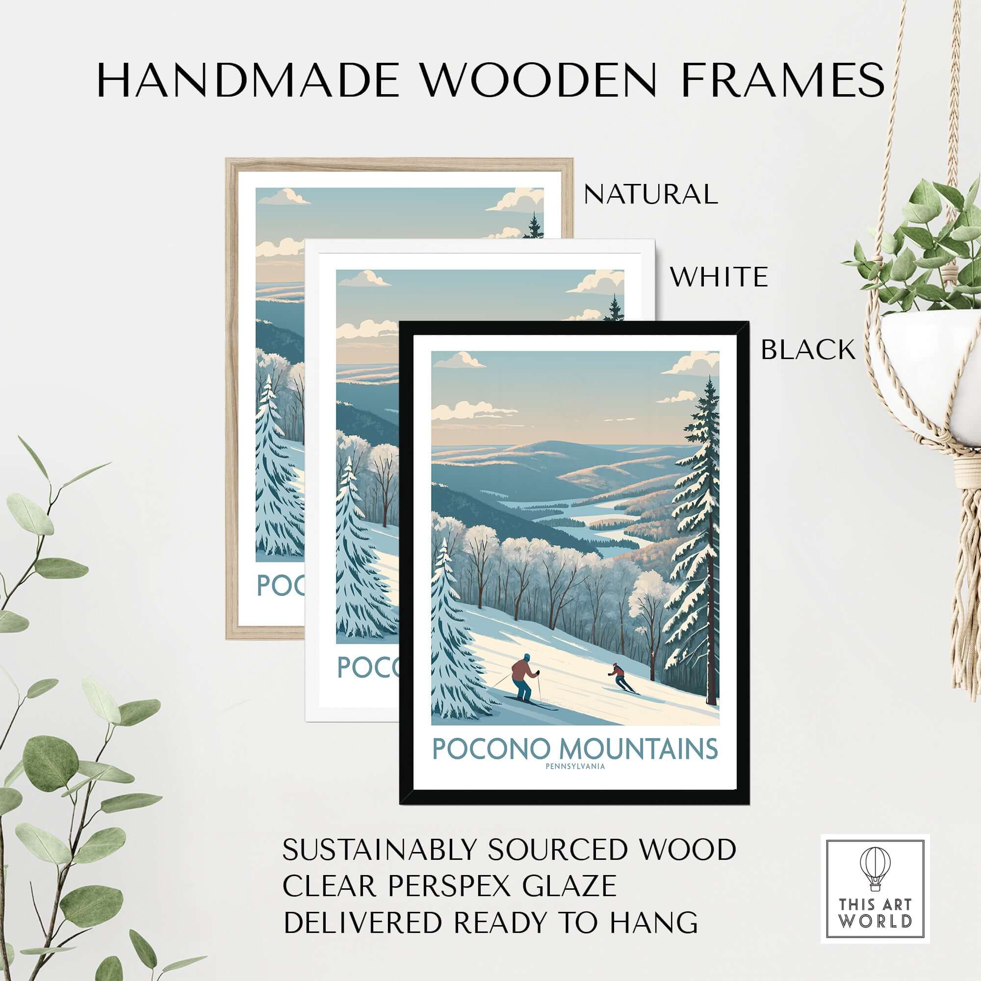 Pocono Mountains Alpine Slopes Wall Art - Pennsylvania Ski Vacation Decor in handmade wooden frames.