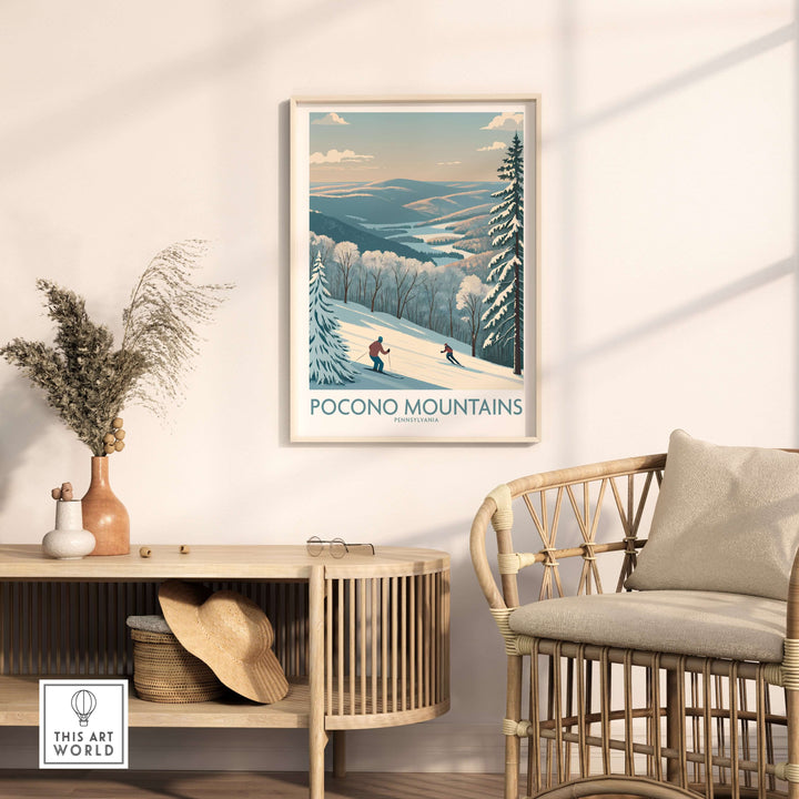 Pocono Mountains Alpine Slopes wall art featuring skiers, perfect for Pennsylvania ski vacation decor.