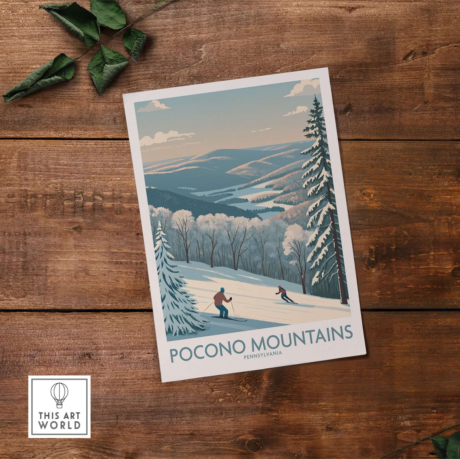 Pocono Mountains Alpine Slopes Wall Art - Pennsylvania Ski Vacation Decor showcasing skiers and beautiful winter scenery.