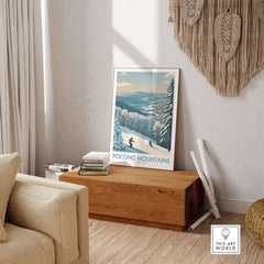 Pocono Mountains Alpine Slopes Wall Art - Pennsylvania Ski Vacation Decor displayed in a cozy living room.