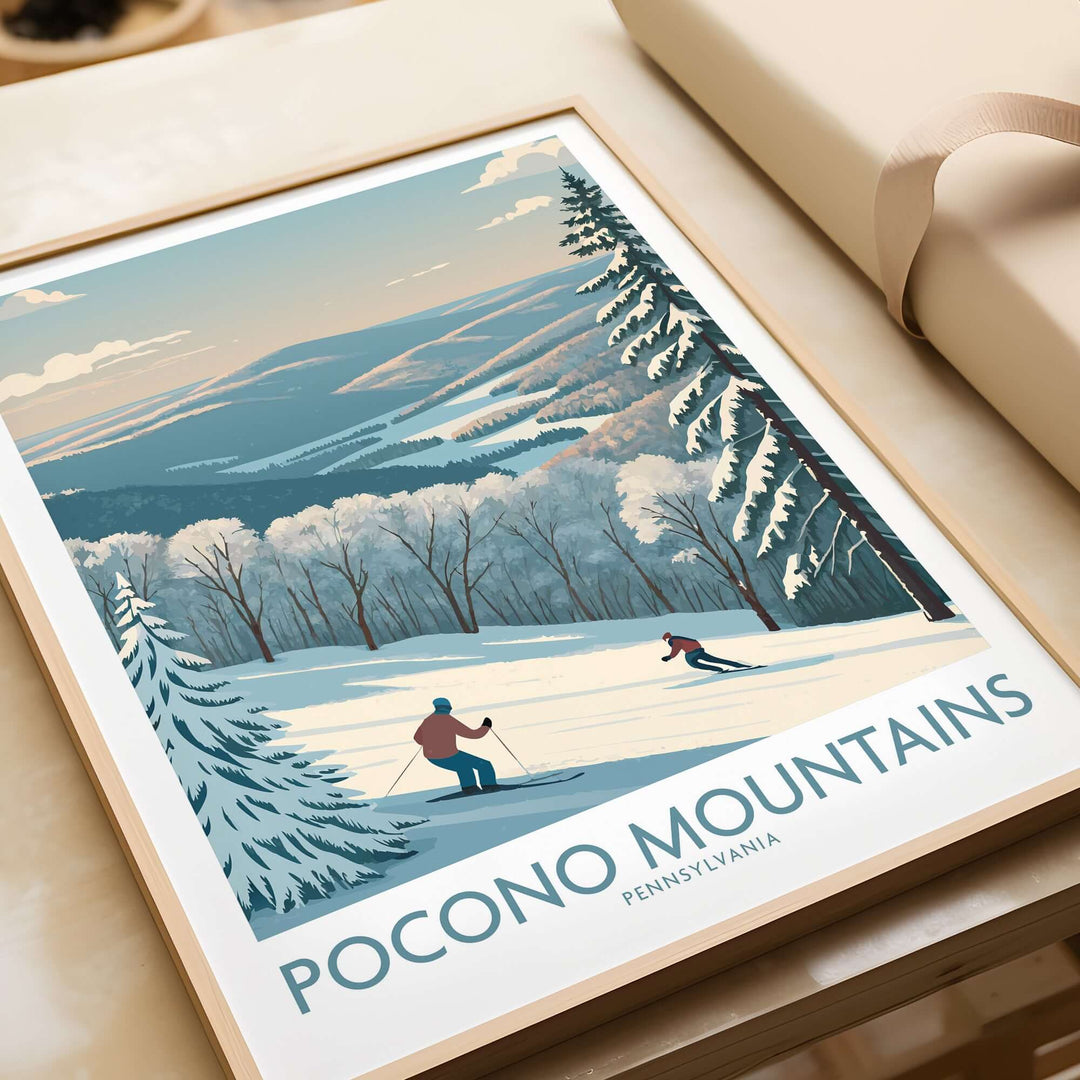 Pocono Mountains Alpine Slopes wall art featuring skiers in a snowy landscape, perfect for ski vacation decor in Pennsylvania.