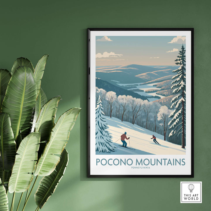 Pocono Mountains wall art depicting skiers enjoying snowy slopes in Pennsylvania, perfect for ski vacation decor.