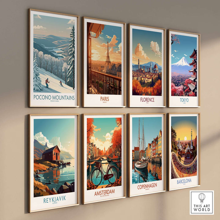 Gallery of eight framed travel art prints including Pocono Mountains and iconic city landscapes.