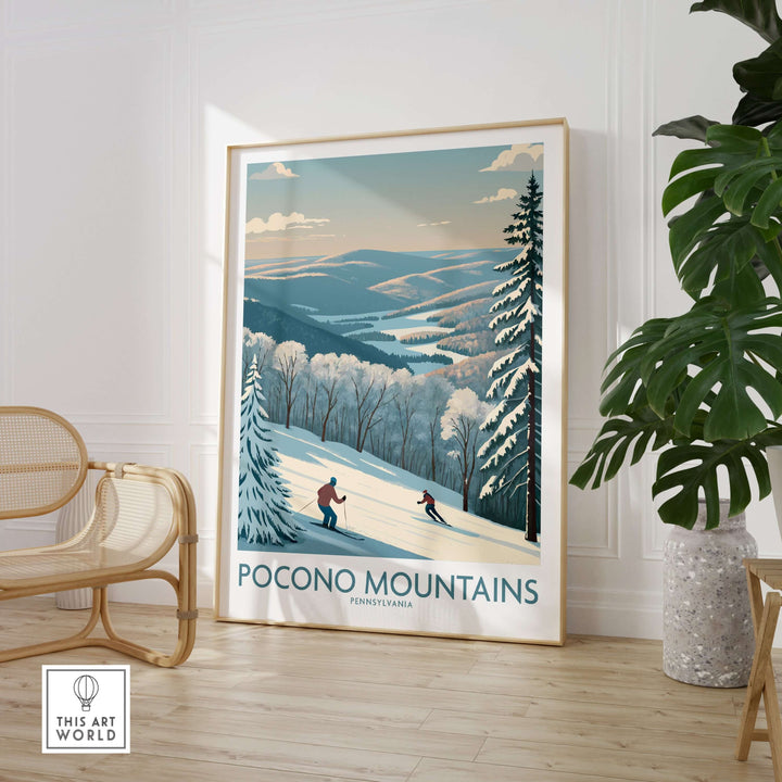 Pocono Mountains wall art featuring skiing scene, perfect for Pennsylvania ski vacation decor.