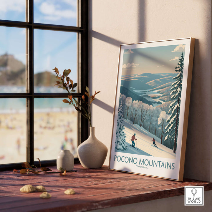 Pocono Mountains Alpine Slopes wall art decor displayed in a sunlit room, capturing a scenic Pennsylvania ski vacation.