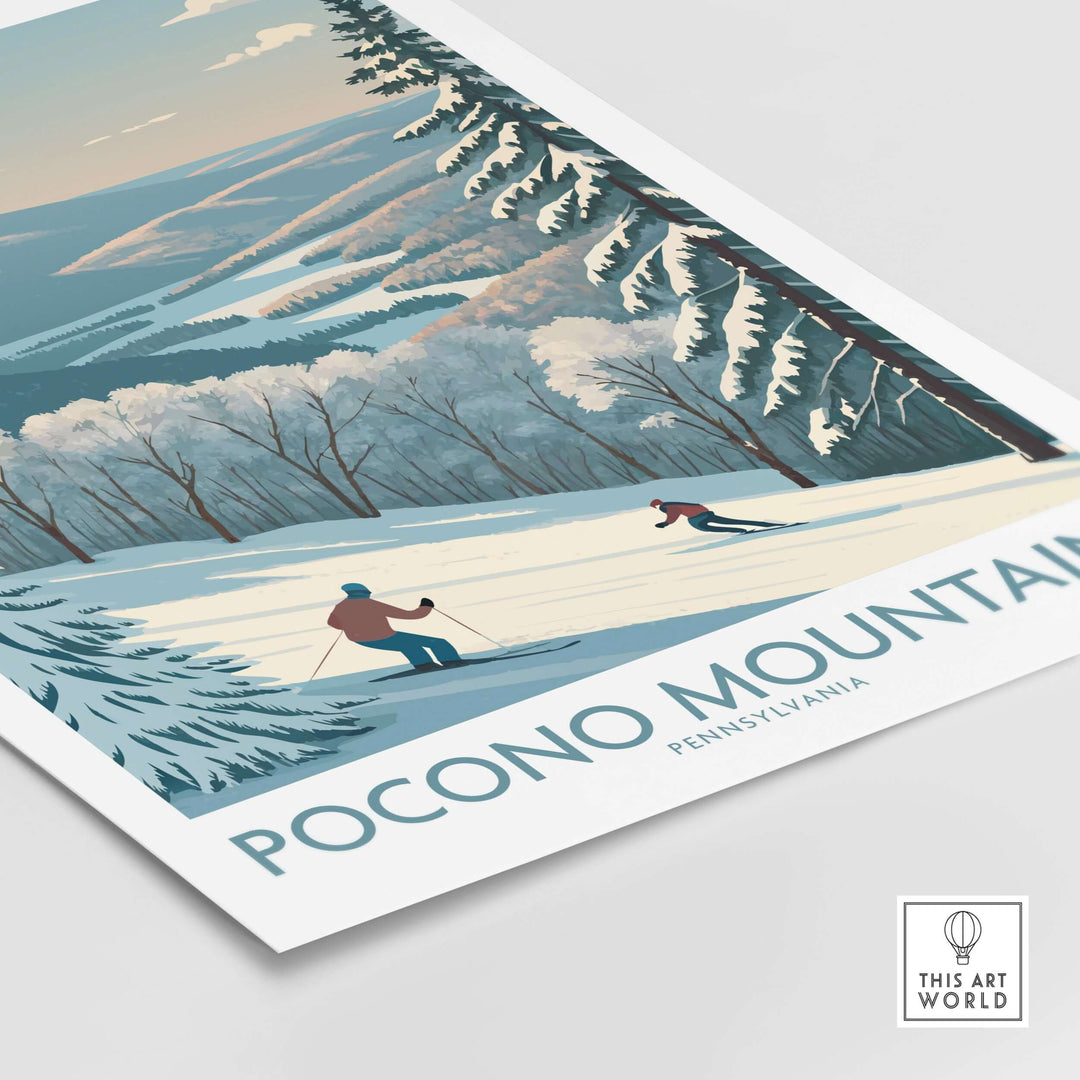Pocono Mountains Alpine Slopes wall art featuring skiers in a snowy landscape, perfect decor for ski vacation lovers.
