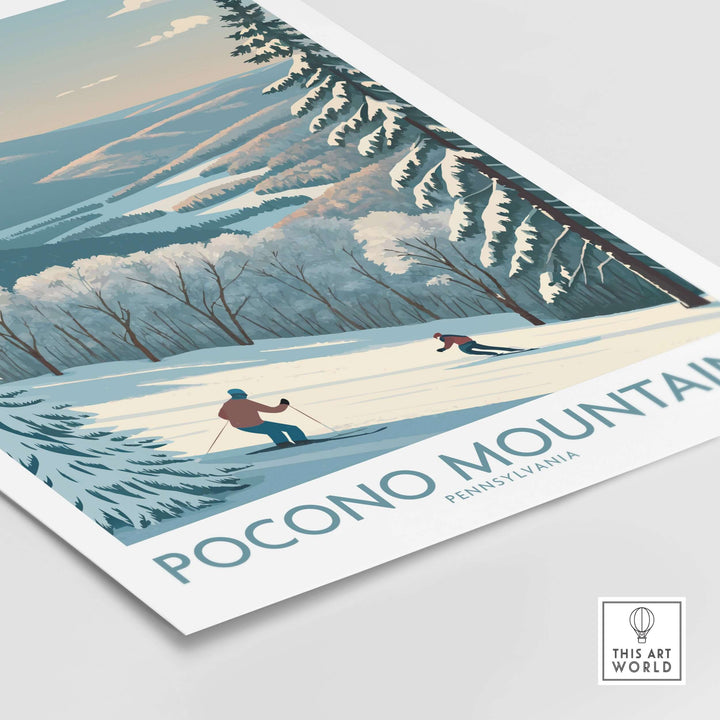 Pocono Mountains Alpine Slopes wall art featuring skiers in a snowy landscape, perfect decor for ski vacation lovers.
