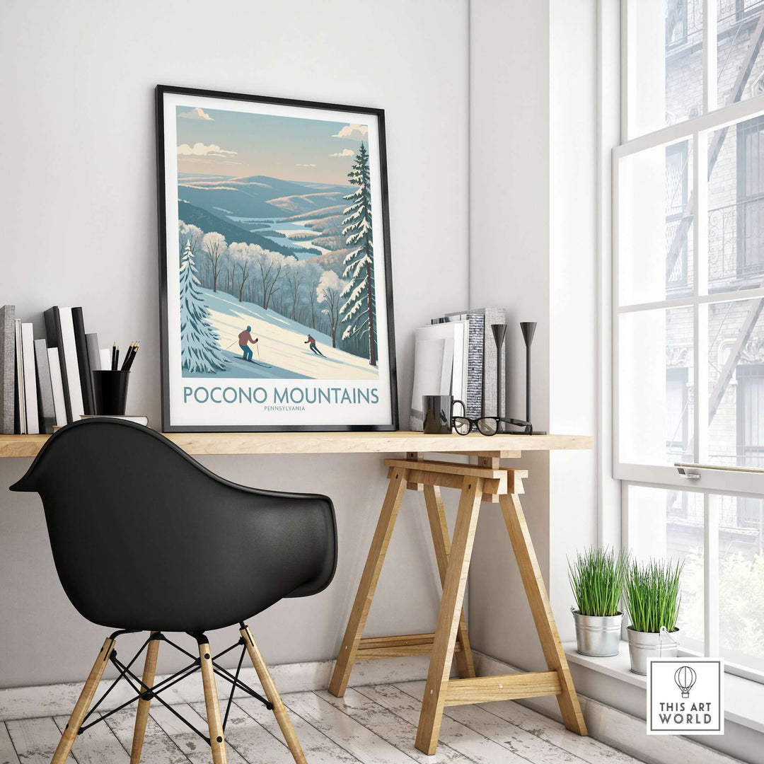 Pocono Mountains Alpine Slopes wall art displayed in a cozy room, showcasing a serene skiing landscape.