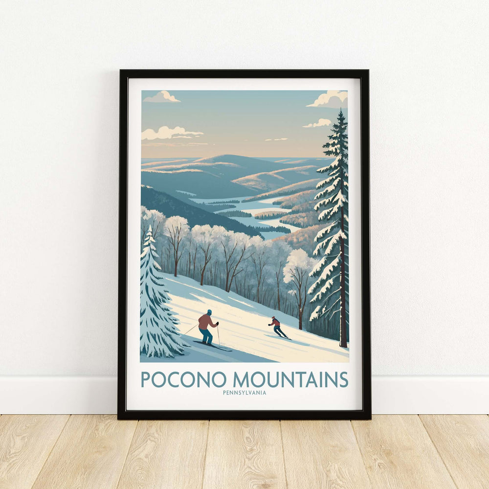 Pocono Mountains wall art featuring skiers and snowy landscape, ideal for Pennsylvania ski vacation decor.