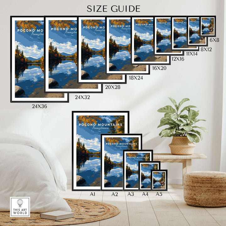 Size guide for Pocono Mountains lakeside art print in various dimensions for home decor.