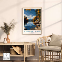 Pocono Mountains Autumn Lake View Wall Art - Pennsylvania Wilderness Decor showcasing serene lake and vibrant autumn foliage.