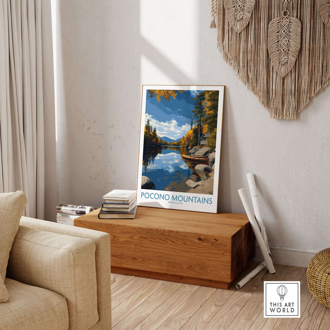 Pocono Mountains autumn lake view wall art displayed in a cozy living room, highlighting Pennsylvania wilderness decor.