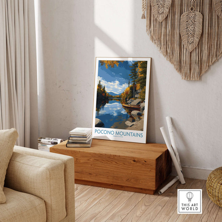Pocono Mountains autumn lake view wall art displayed in a cozy living room, highlighting Pennsylvania wilderness decor.