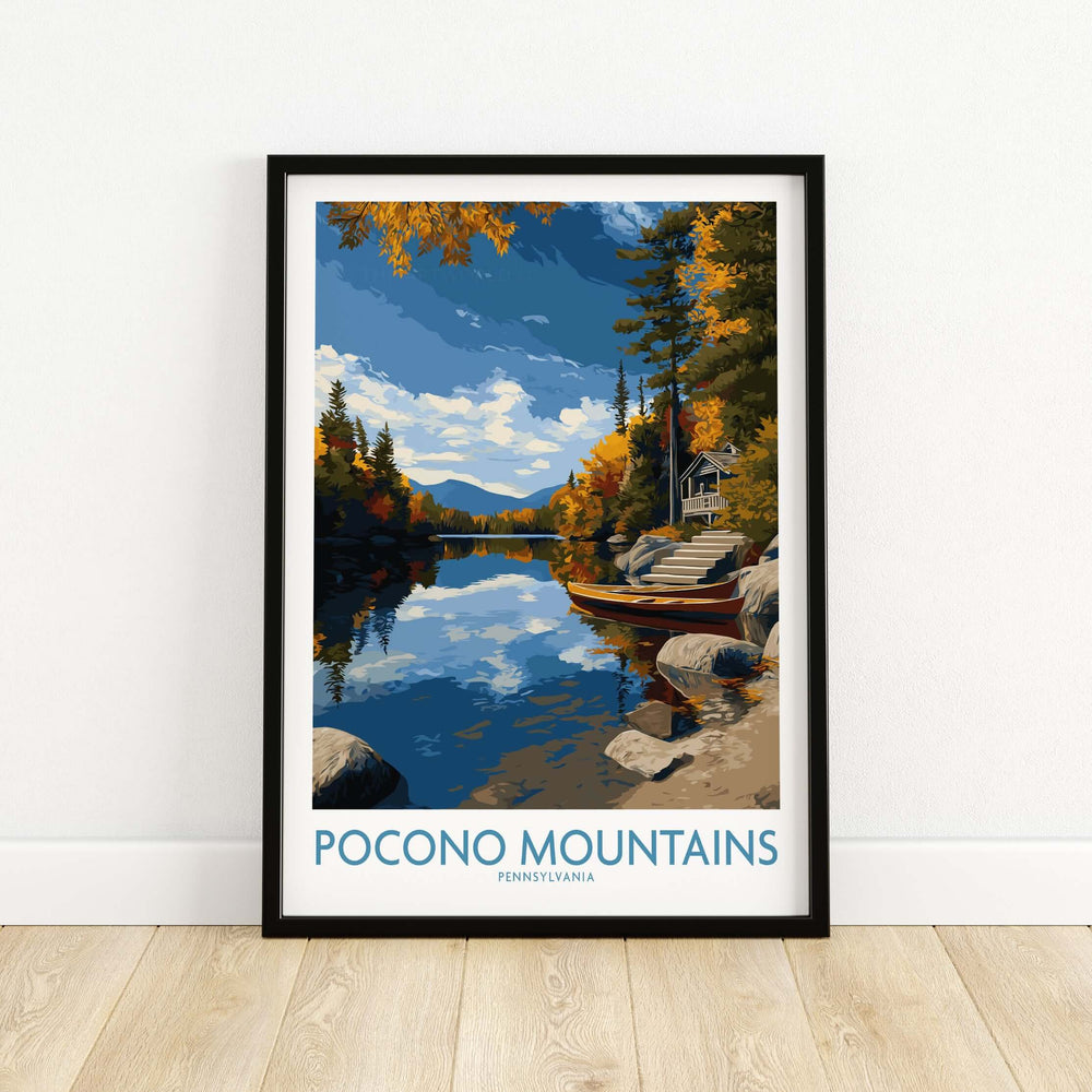 Pocono Mountains autumn lake view wall art featuring vibrant fall foliage and serene reflections.