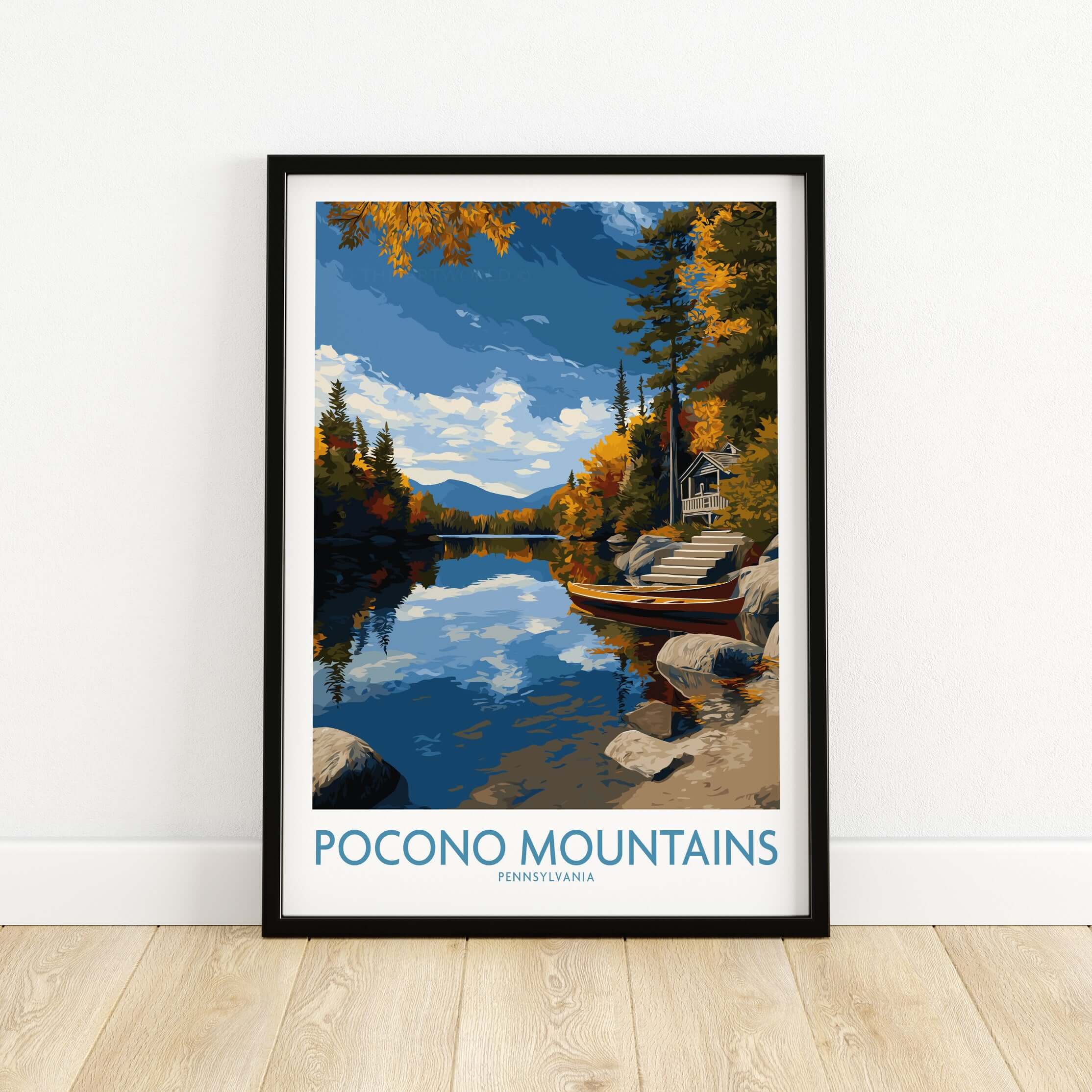 Pocono Mountains Autumn Lake View Wall Art - Pennsylvania Wilderness Decor, featuring serene lake and vibrant fall foliage.