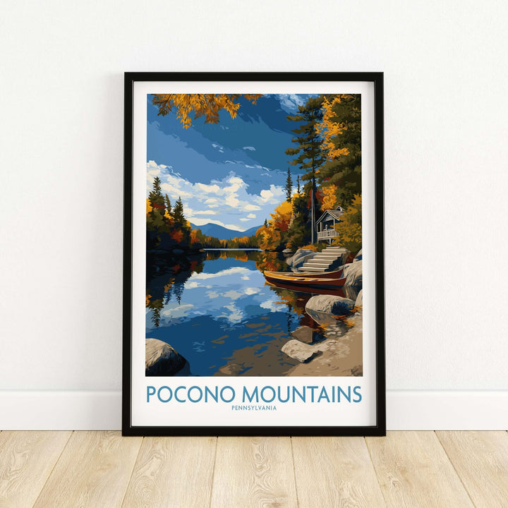 Pocono Mountains autumn lake view wall art featuring vibrant fall foliage and serene reflections.