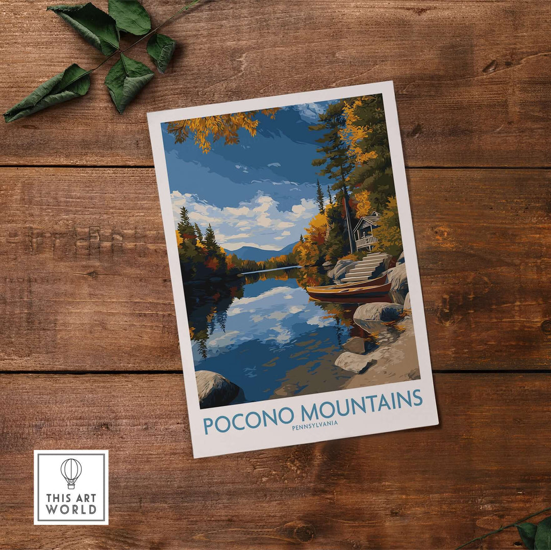 Pocono Mountains autumn lake view wall art featuring vibrant fall foliage and serene water scene.