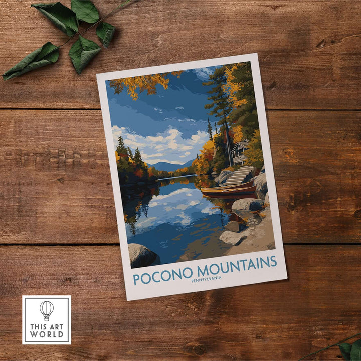 Pocono Mountains autumn lake view wall art featuring vibrant fall foliage and serene water scene.