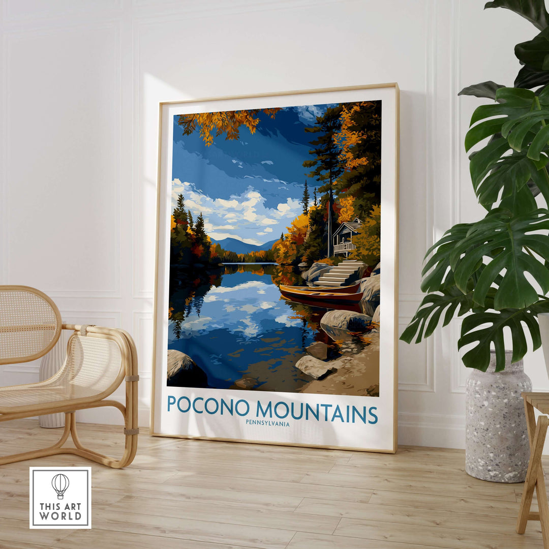 Pocono Mountains autumn lake view wall art featuring vibrant fall foliage and serene waters in Pennsylvania decor.