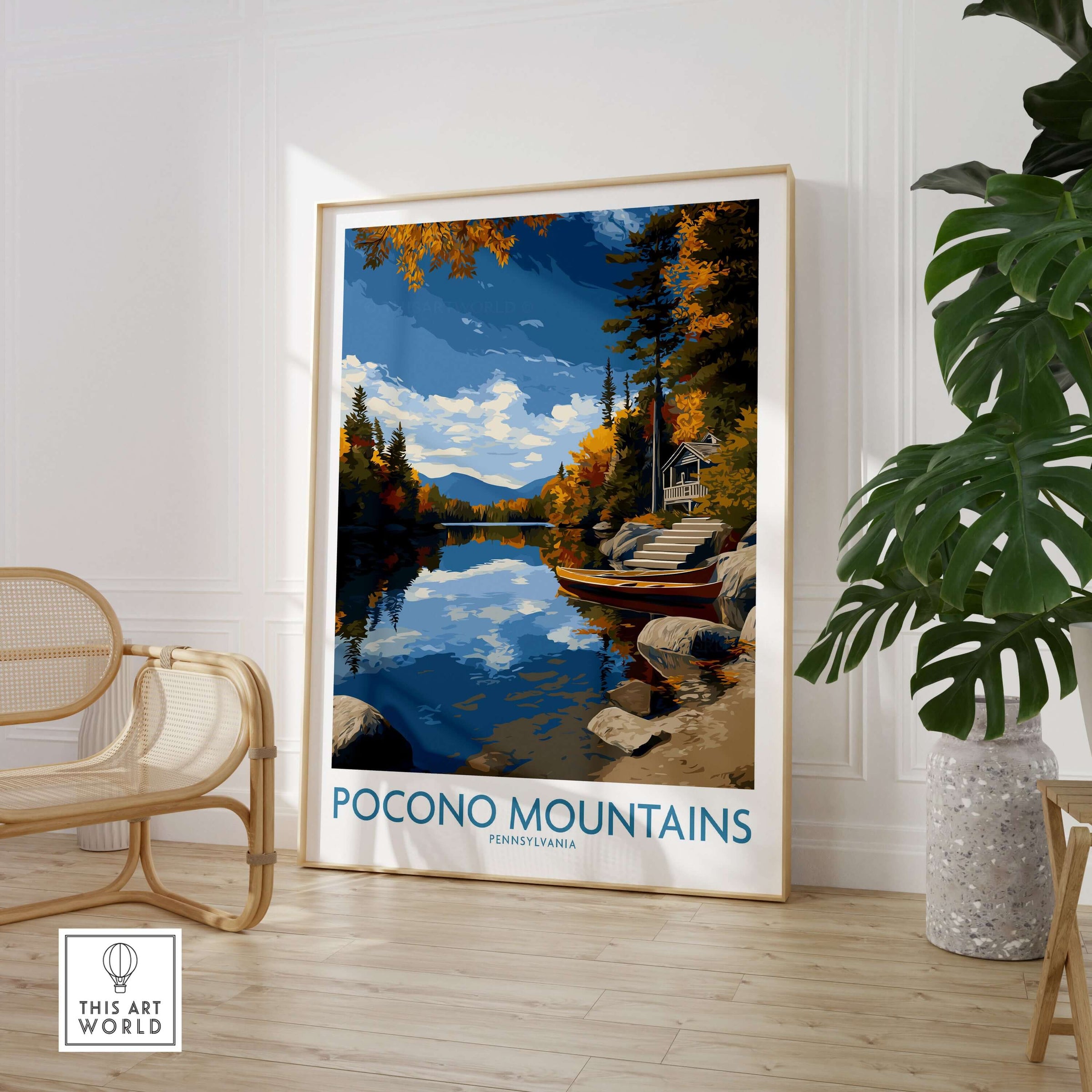 Pocono Mountains Autumn Lake View Wall Art - Pennsylvania Wilderness Decor in a cozy interior setting.