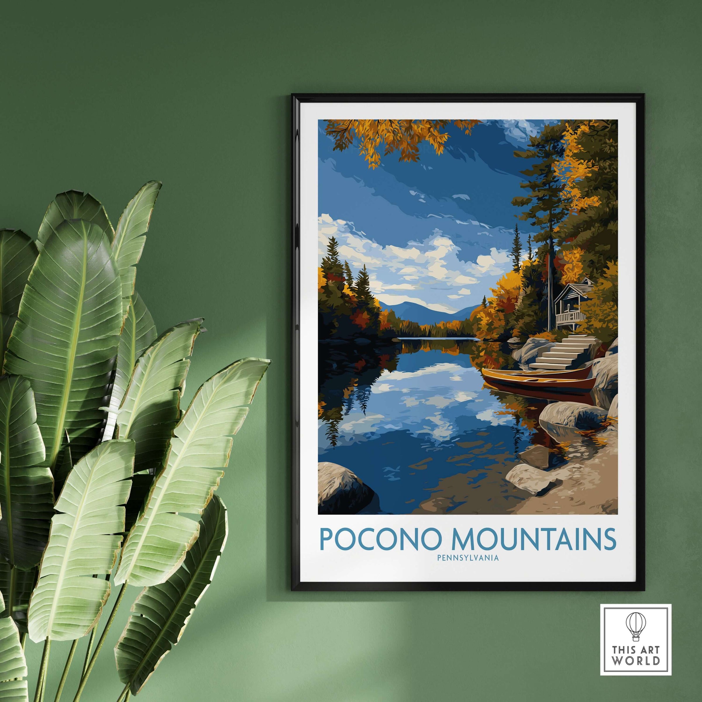 Pocono Mountains Autumn Lake View Wall Art - Pennsylvania Wilderness Decor displayed on a green wall with plants.