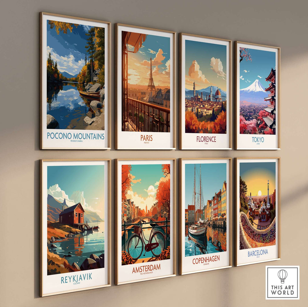 Collection of travel wall art featuring Pocono Mountains, Paris, Florence, Tokyo, Reykjavik, Amsterdam, Copenhagen, and Barcelona.