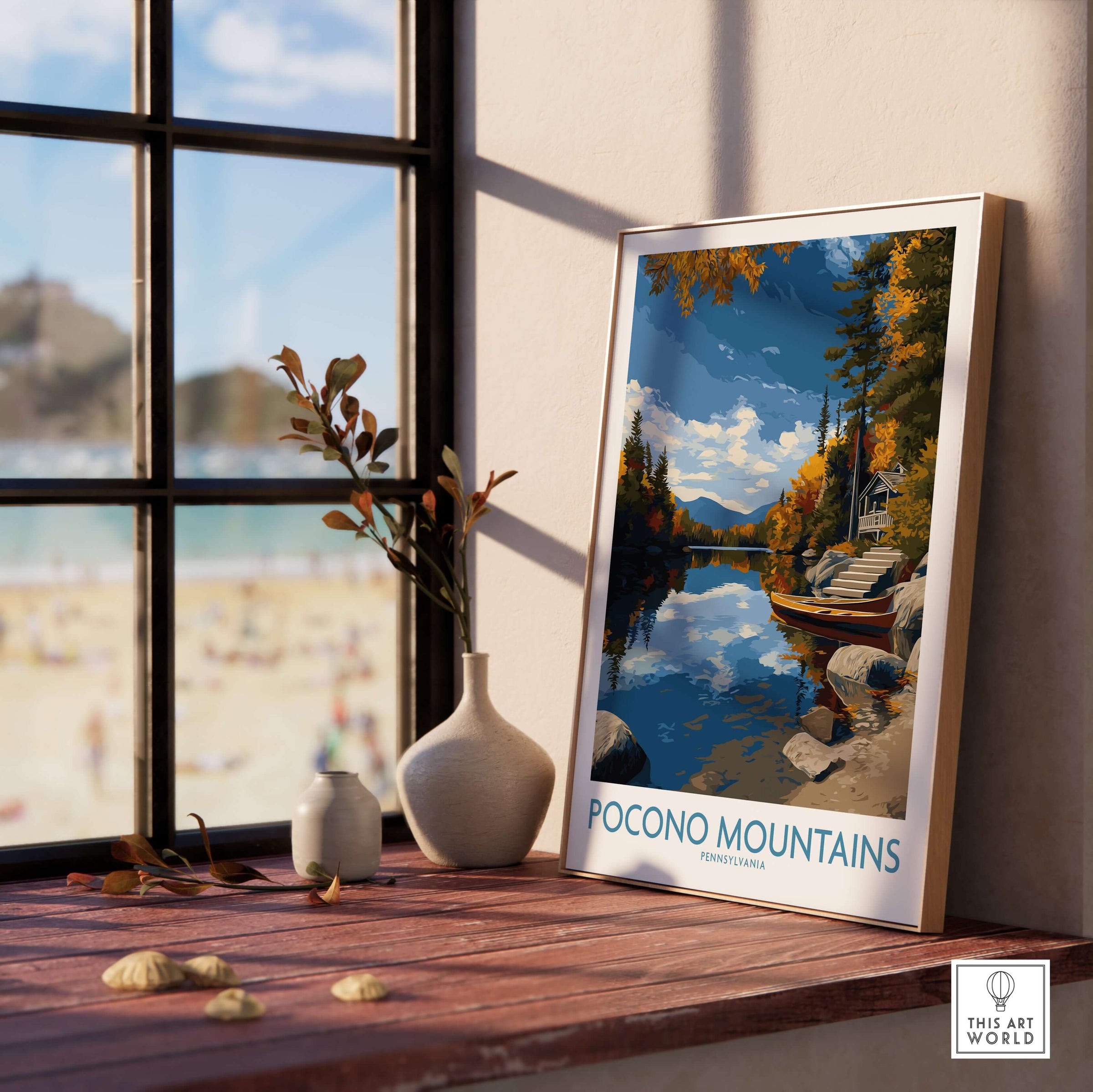 Pocono Mountains Autumn Lake View Wall Art - Pennsylvania Wilderness Decor displayed in a cozy indoor setting.
