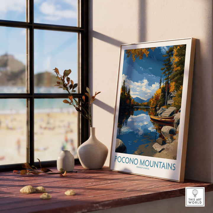 Pocono Mountains autumn lake view wall art displayed on a shelf, showcasing vibrant fall colors and a serene landscape.
