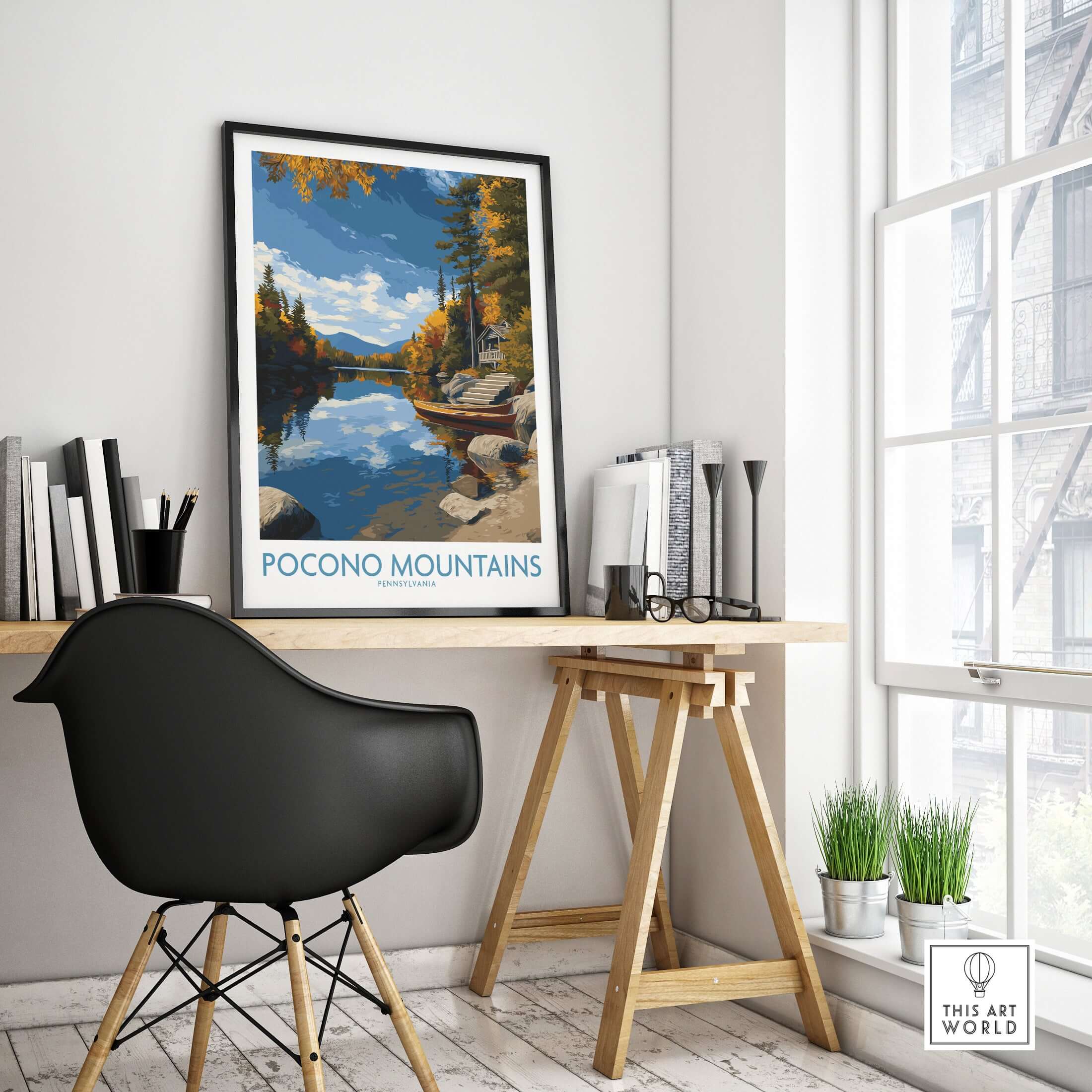 Pocono Mountains Autumn Lake View Wall Art - Pennsylvania Wilderness Decor on a desk in a cozy home office setting.