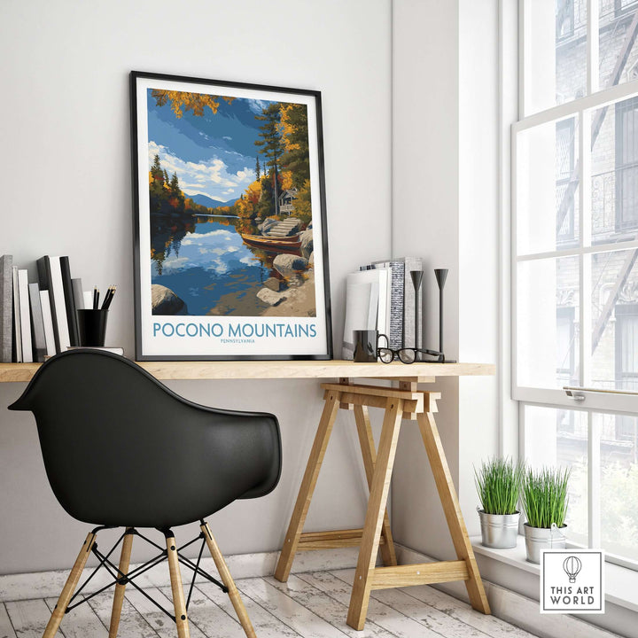Pocono Mountains Autumn lake view wall art in a cozy office setting, showcasing vibrant fall colors and serene nature.