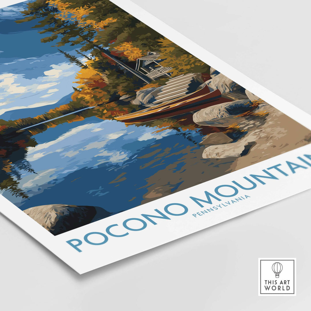 Pocono Mountains autumn lake view wall art featuring vibrant fall foliage and serene water reflections, Pennsylvania decor.