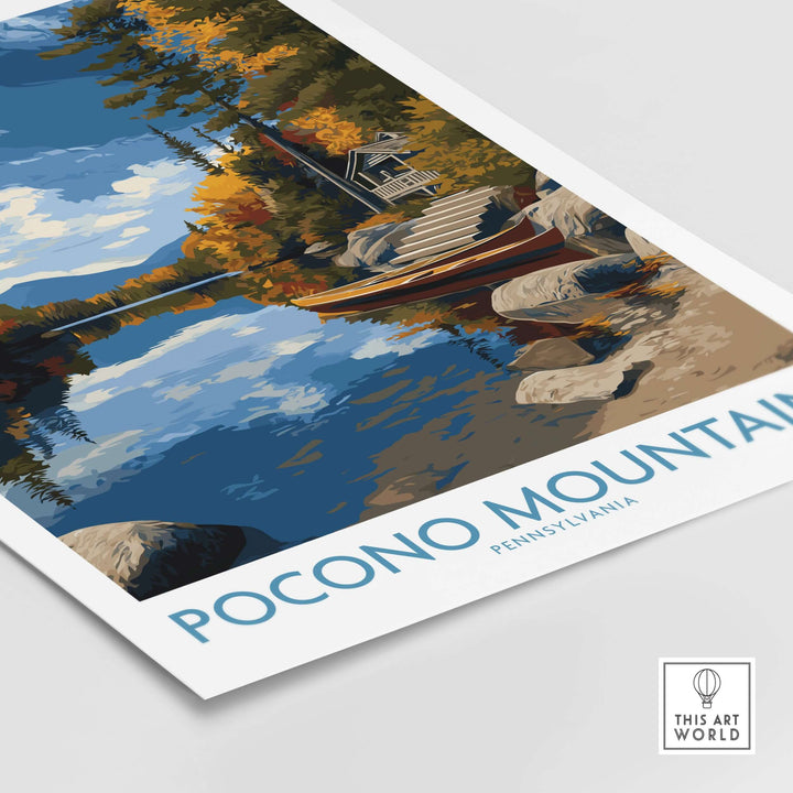 Pocono Mountains autumn lake view wall art featuring vibrant fall foliage and serene water reflections, Pennsylvania decor.