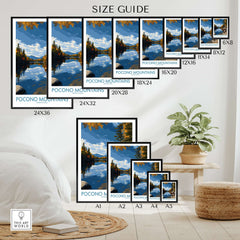 Pocono Mountains Autumn Lake View Wall Art - Pennsylvania Wilderness Decor size guide showcasing various dimensions.
