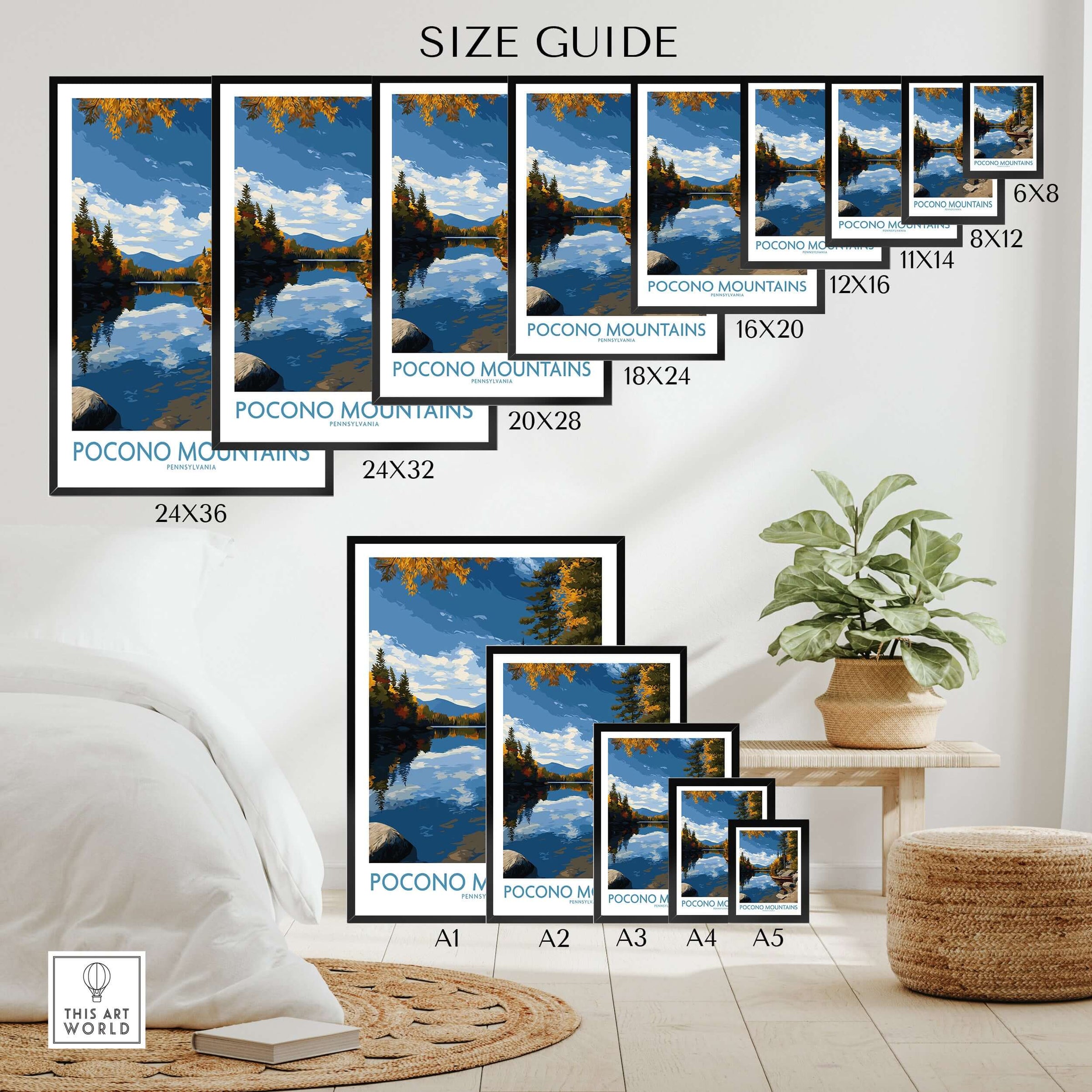 Pocono Mountains Autumn Lake View Wall Art - Pennsylvania Wilderness Decor size guide showcasing various dimensions.