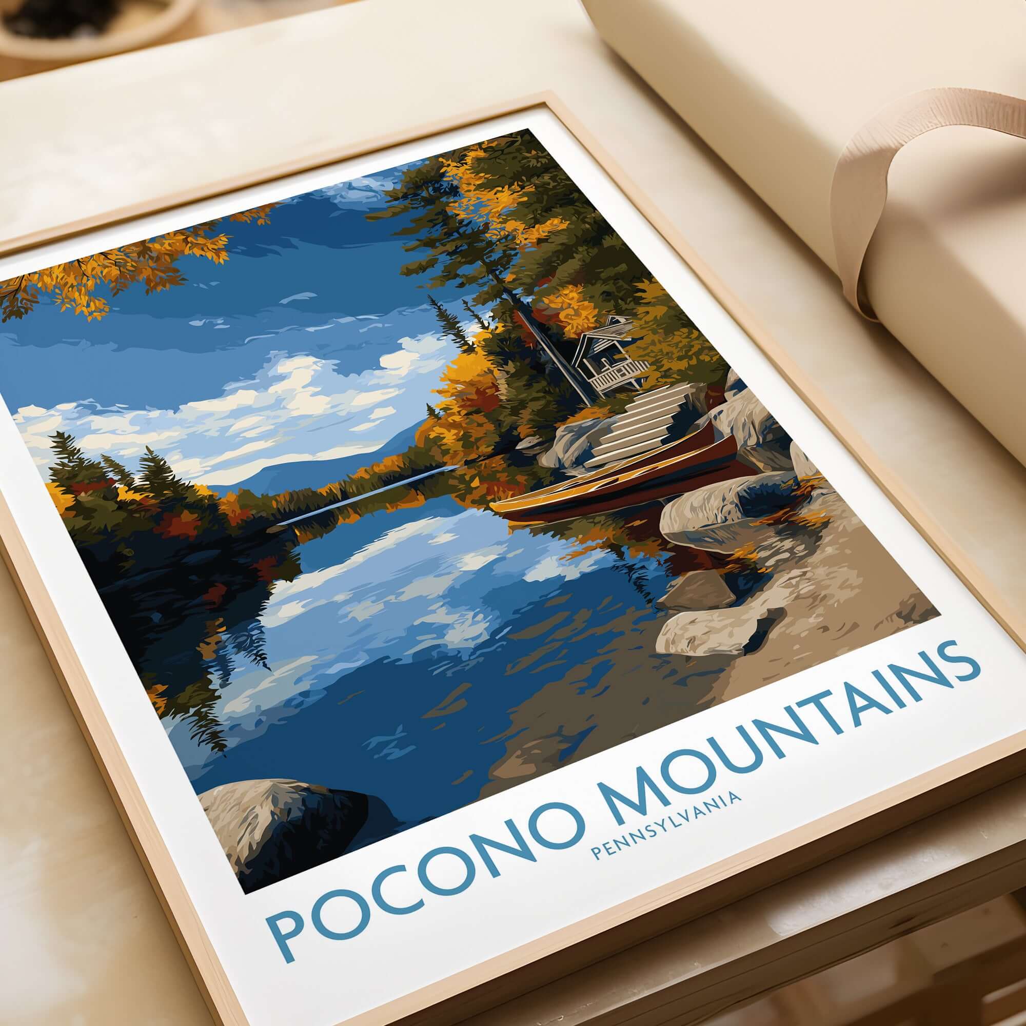 Pocono Mountains Autumn Lake View Wall Art - Pennsylvania Wilderness Decor in vibrant fall colors.