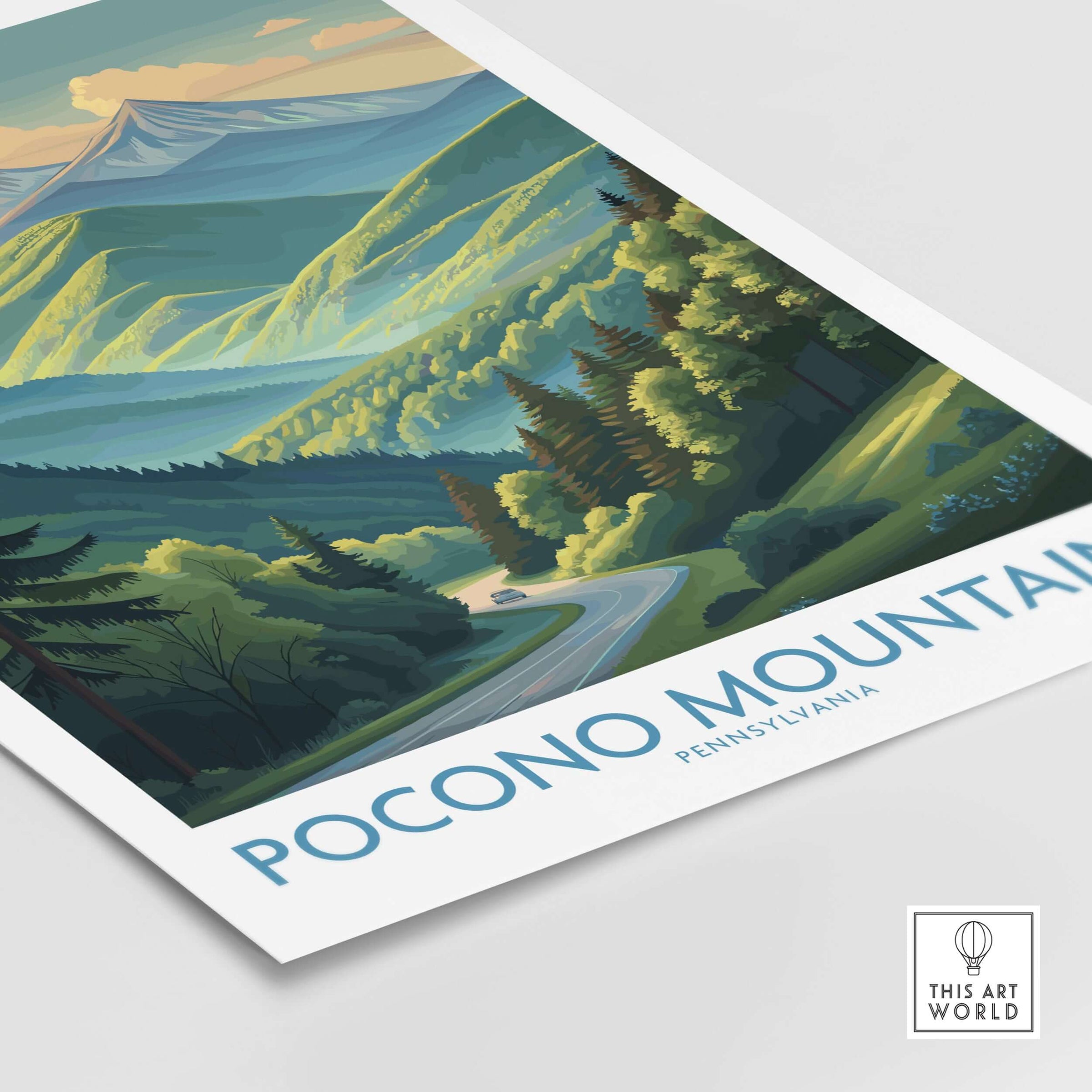 Pocono Mountains Mountain Road Print - Pennsylvania Landscape Decor featuring a scenic winding road and lush green mountains.