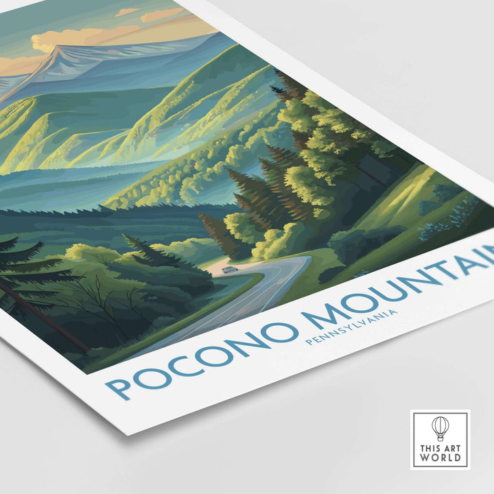 Pocono Mountains landscape print featuring scenic winding road and lush green hills in Pennsylvania.