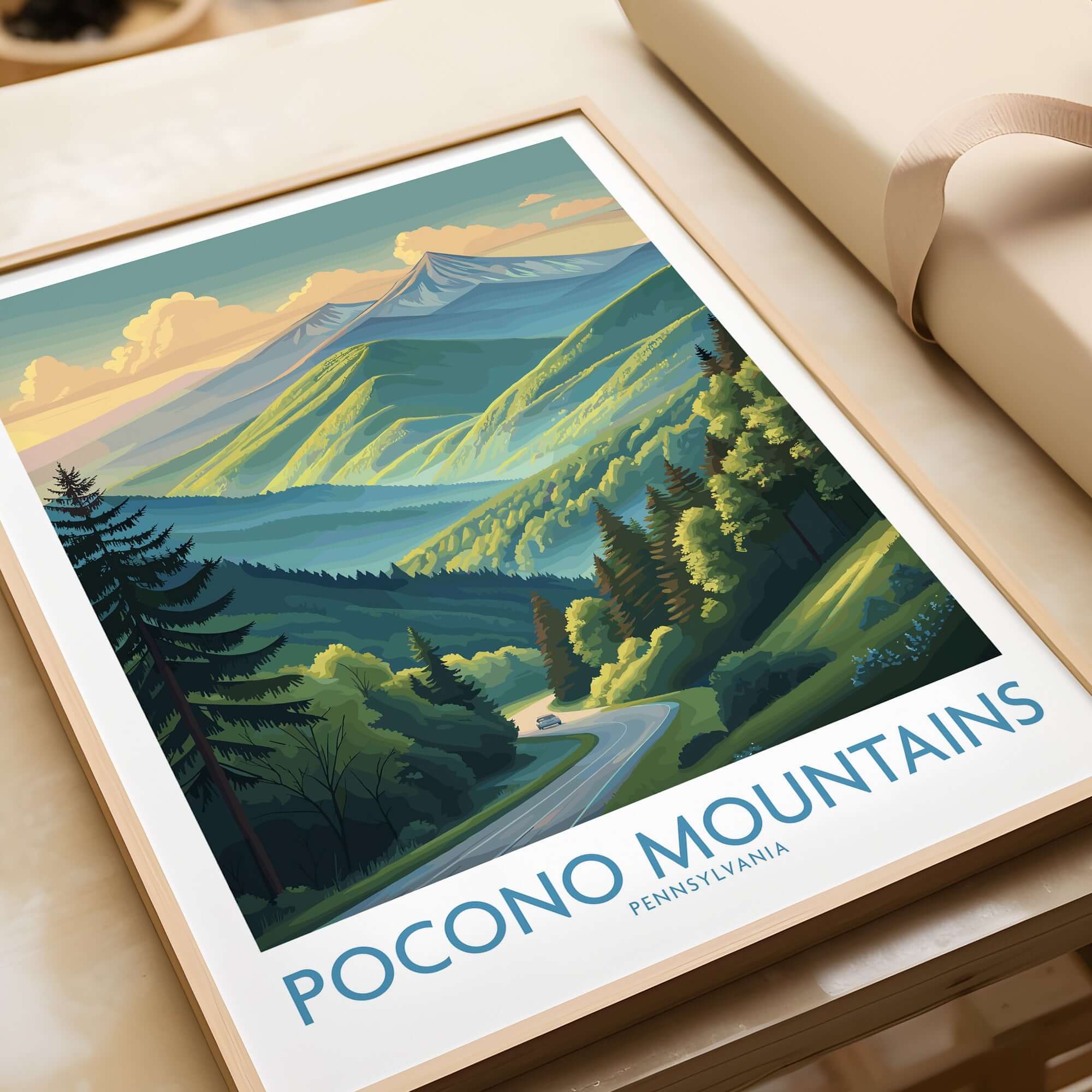 Pocono Mountains Mountain Road Print - Pennsylvania Landscape Decor showcasing a scenic winding road amidst lush greenery.