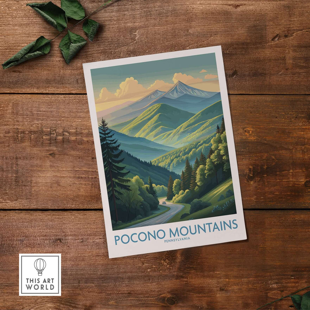 Pocono Mountains print featuring a winding road and lush green hills in Pennsylvania landscape decor.
