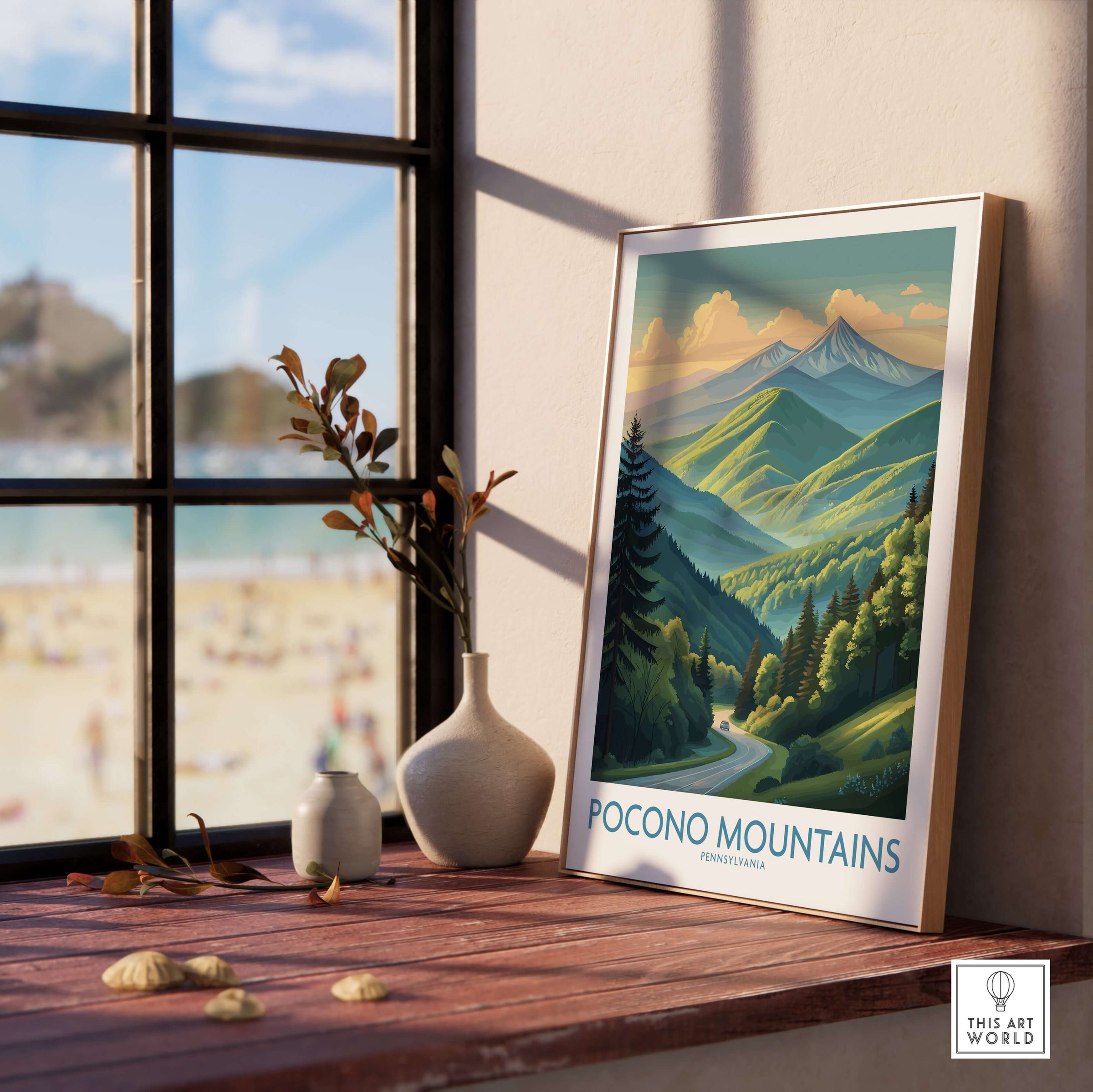 Pocono Mountains Mountain Road Print - Pennsylvania Landscape Decor featuring scenic artwork in a cozy interior setting.