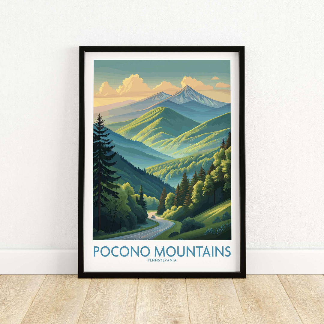 Pocono Mountains print showcasing a winding road and lush greenery, perfect for Pennsylvania landscape decor.